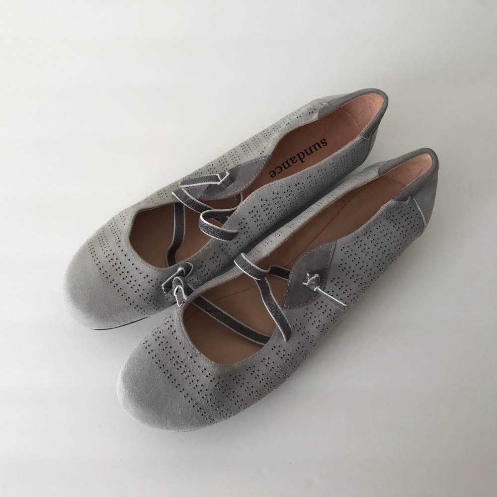 Sundance Isobel Gray Suede Leather Ballet Criss Cross Flats EU 38 US 7.5 Size